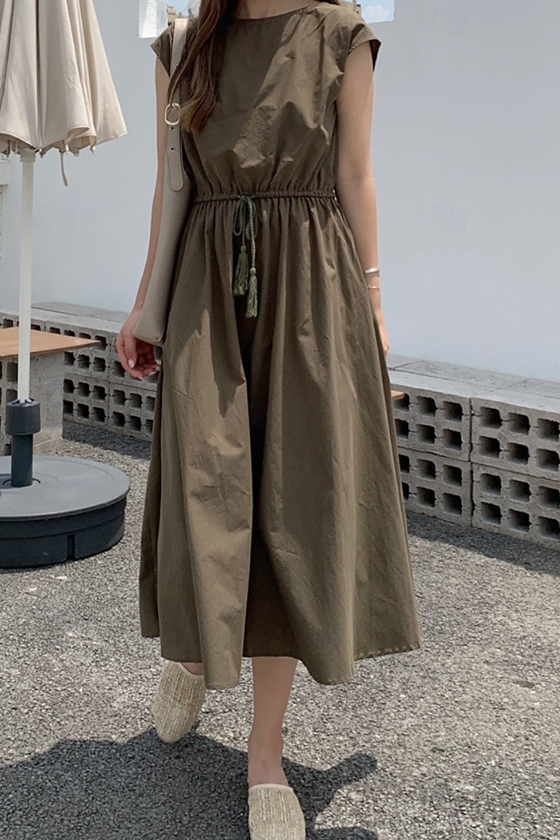 Per donna Abito Midi Abiti in cotone e lino Moda Classico Moderno All'aperto Quotidiano Ferie Vestibilità regolare Semplice Senza Maniche Girocollo Nero Verde chiaro Verde militare Blu marino Estate del 2025 a $26.99 –P14