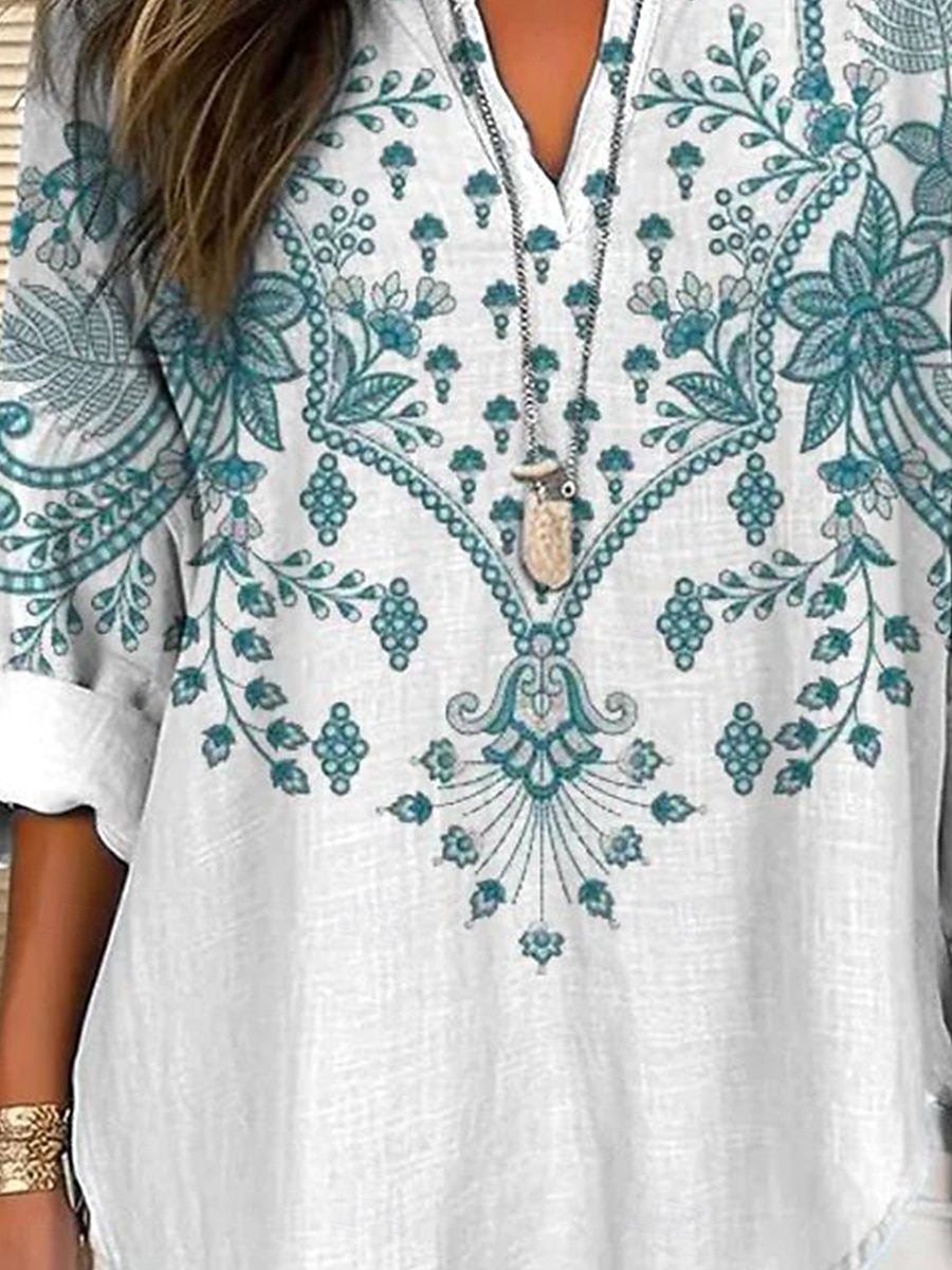 Dame Bluse Blomstret Grafisk Årgang Strandstil Langermet V-hals Vanlige topper Daglig Ferie Trykt mønster Hvit Rød Marineblå Lilla Grønn Sommer Vår 2025 - $24.99 –P3
