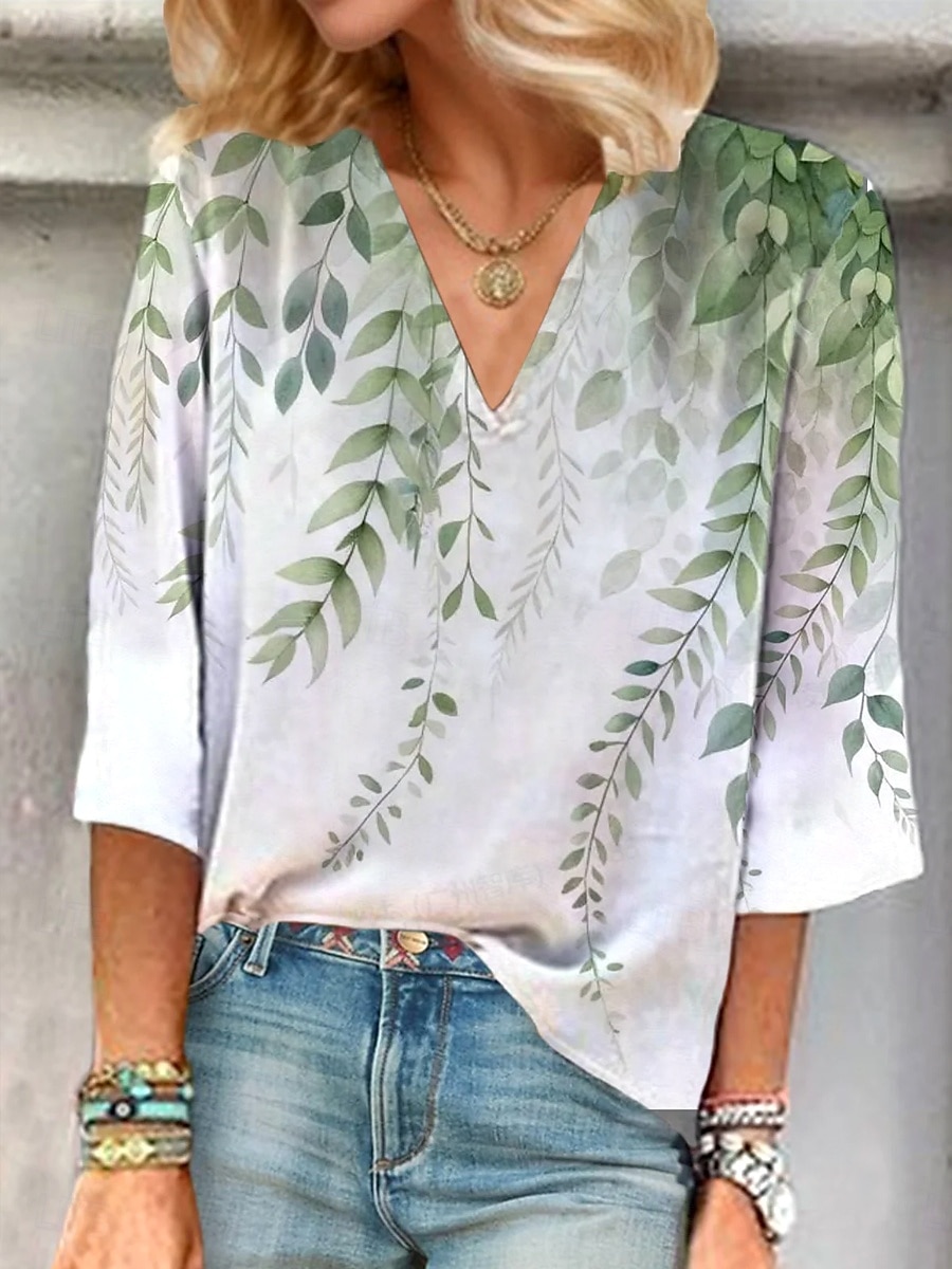Damen Bluse Ombre Blumen Grafik Stilvoll Strand Kurzarm V Ausschnitt Normale Oberteile Täglich Druck Hellgrün Sommer 2025 - $25.99 –P1