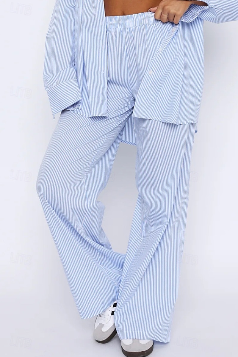 Damen Weites Bein Stoffhosen Mode Streetwear Volle Länge Natürliche Taille Gestreift Tasche Elastischer Bund Bequem Straße Ausgehen Rosa Blau Sommer Normale Passform 2025 - $26.99 –P2