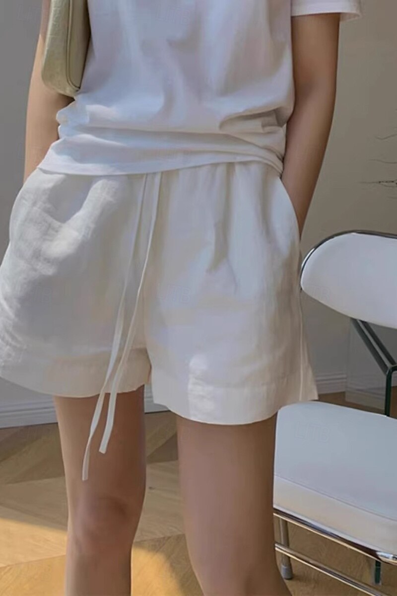 2025年 女性用 コットンリネンショートパンツ ショーツ スラックス ストリートファッション カジュアル ショート ナチュラルウエスト 平織り ポケット 弾性巾着デザイン 通気性 ソフト 快適 マイクロエラスティック カジュアル デイリーウェア ホワイト 夏 レギュラー コレクション – $25.99 –P1