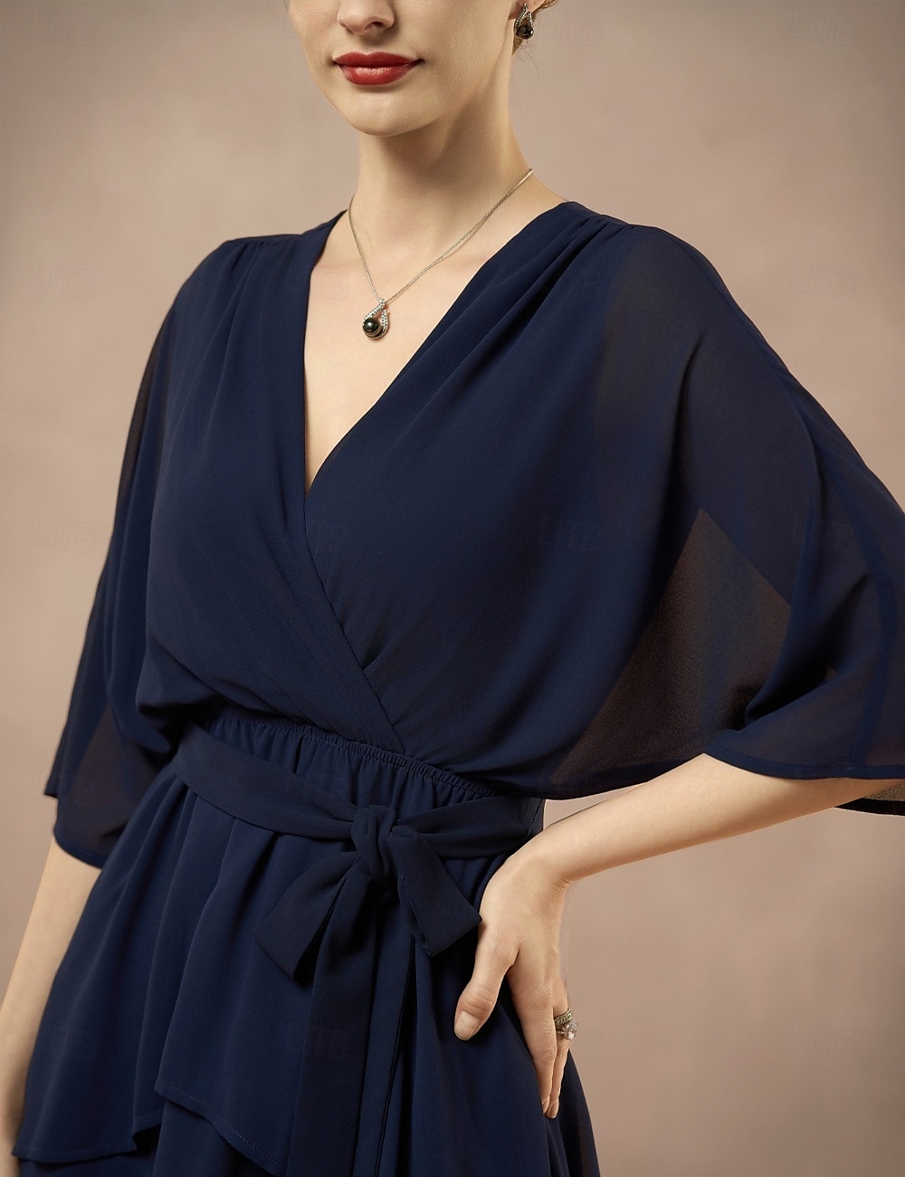 A-Line Mother of the Bride Dress Wedding Guest Elegant V Neck Floor Length Chiffon Half Sleeve with Bow(s) Cascading Ruffles Solid Color 2025 2025 - $87.99 –P7