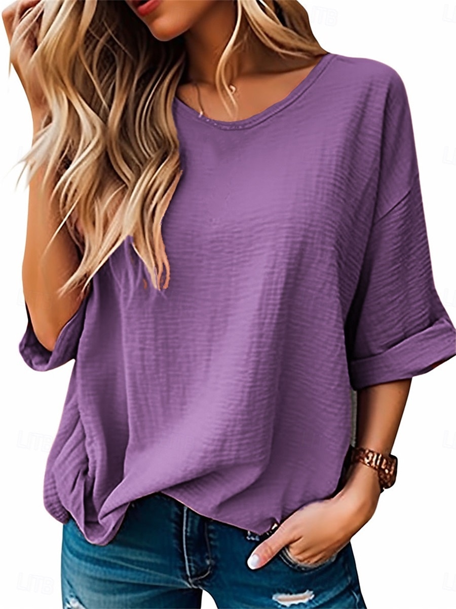 Women's Blouse Solid Color Elegant Daily Stylish Half Sleeve Crew Neck Regular Tops Daily Linen Like Blue Purple Orange Green Summer Spring 2025 - $16.99 –P6