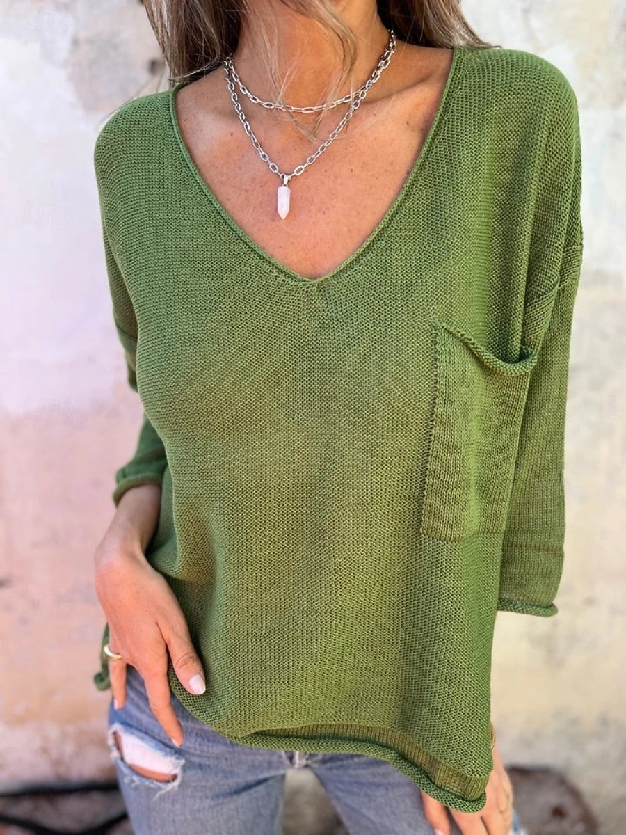 Damen Pullover Täglich Stilvoll Lässig Einfarbig Gerippt V Ausschnitt Tasche Gestrickt Langarm Normale Oberteile Stricken Outdoor Täglich Schwarz Weiß Sommer Frühling 2025 - $22.99 –P10