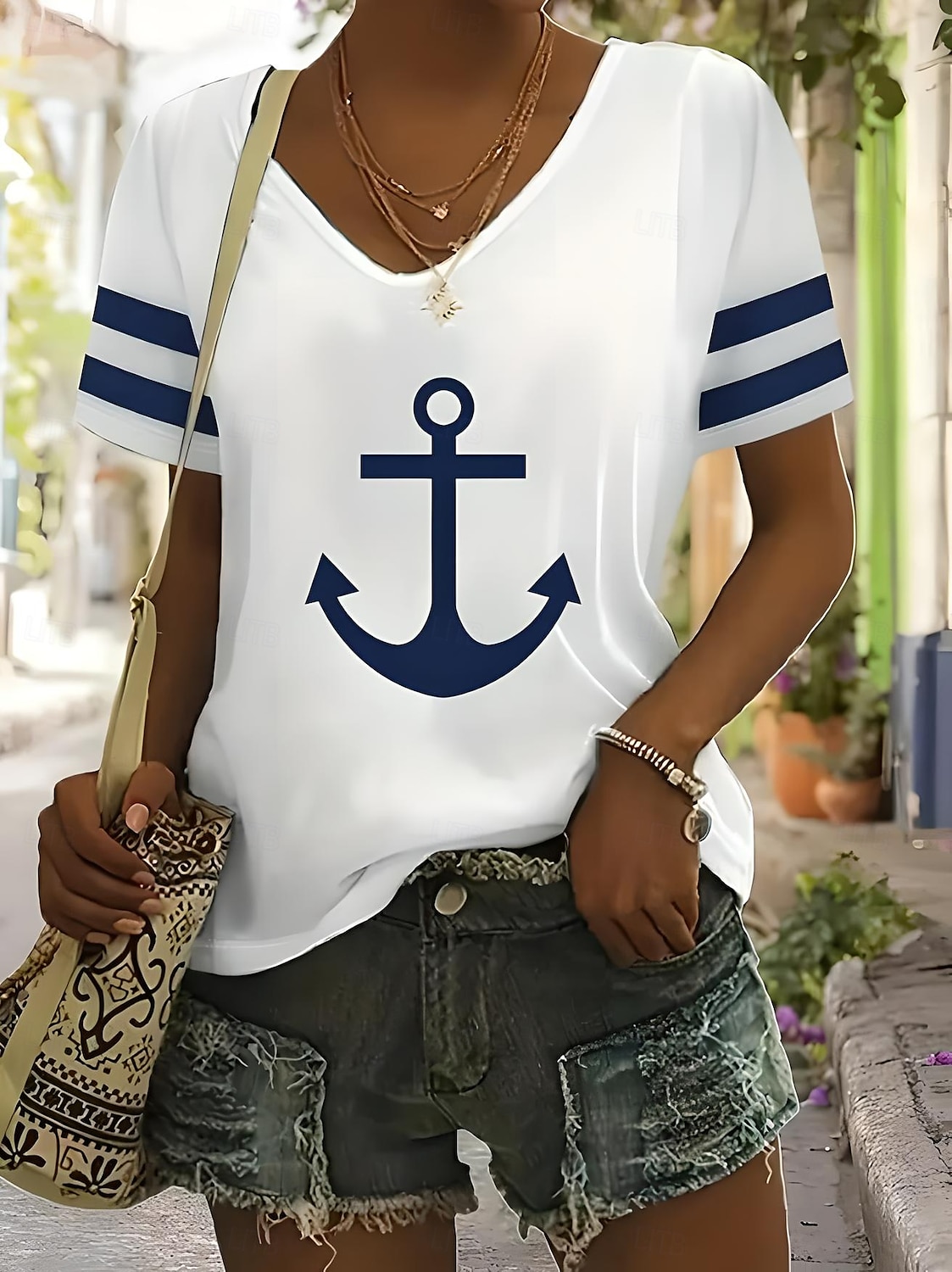 Ostern Damen T Shirt Ozean Gestreift Lässig Kurzarm V Ausschnitt Normale Oberteile Täglich Ausgehen Wochenende Druck Schwarz Weiß Rote Blau Grün Sommer 2025 - $19.99 –P1