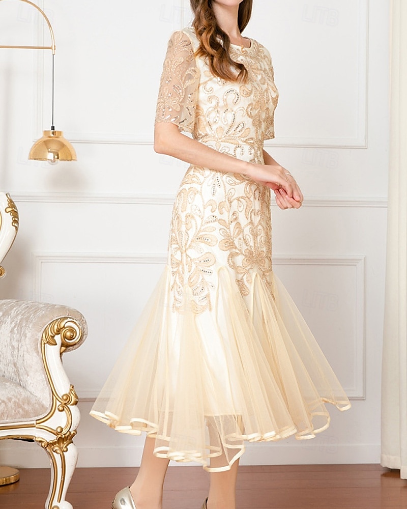 A-Line Beaded Dress Mother of the Bride Elegant Vintage Party V Neck Floor Length Lace Beaded Sequin Lace Short Sleeve with Flare 2025 - $141.99 –P2