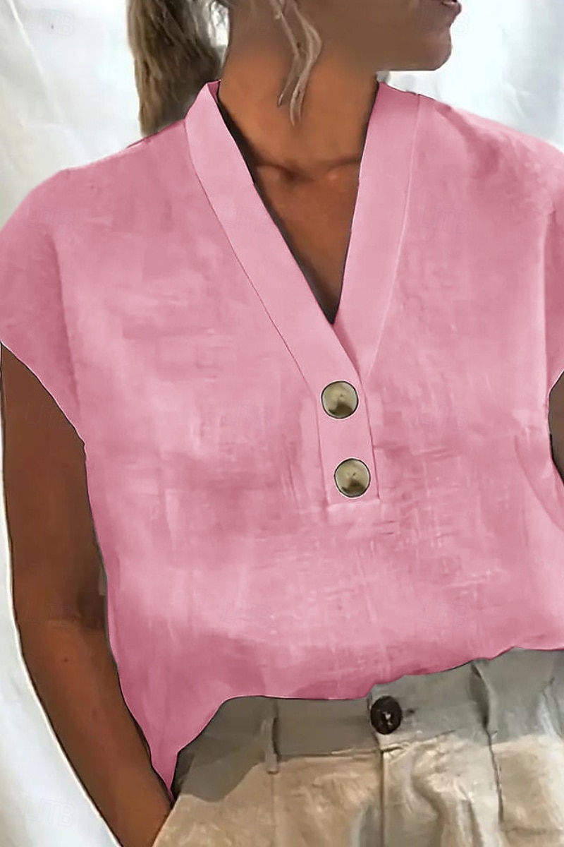 Per donna Misto cotone Blusa Bottoni Semplice Essenziale Moderno Casual Manica Corta Scollo a V Top Regolari Ferie Uscire Bianco Rosa Verde Azzurro Estate del 2026 a $7.49 –P3