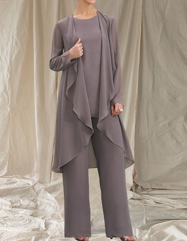 Macacão  Conjunto de Calça 3 Peças Mãe da Noiva Vestido de Convidada de Casamento Elegante Gola Redonda Comprimento Total Chiffon Manga Longa com Babados de 2025 por $139.99 –P2