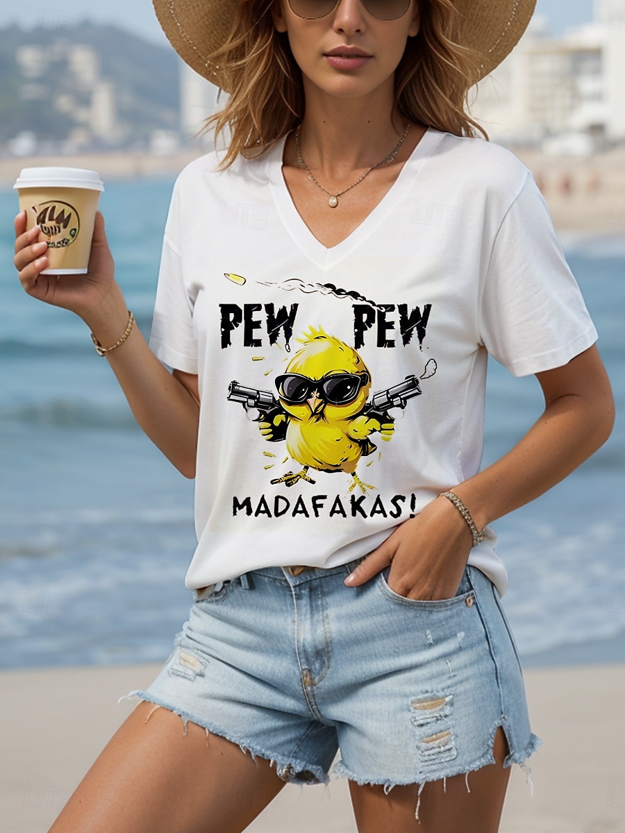 Dame Bluse Grafisk Dyr Tegneserie Fritid Kortermet V-hals Vanlige topper Daglig Ut på byen Strand Klær Trykt mønster Svart Hvit Sommer 2025 - $24.99 –P4
