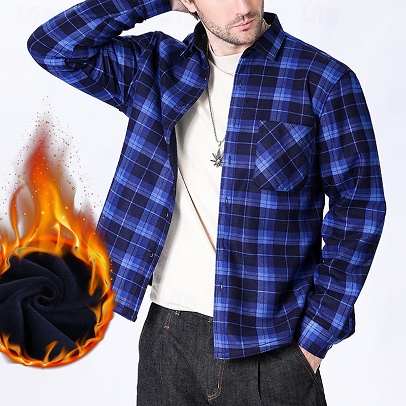 Men's Shirt Casual Shirt Beach Shirt Fleece Shirt Button Up Shirt Red Royal Blue Blue Orange Green Long Sleeve Plaid Lapel Vacation Hawaiian Pocket Clothing Apparel Polyester Fashion Casual 2025 - $28.99 –P10