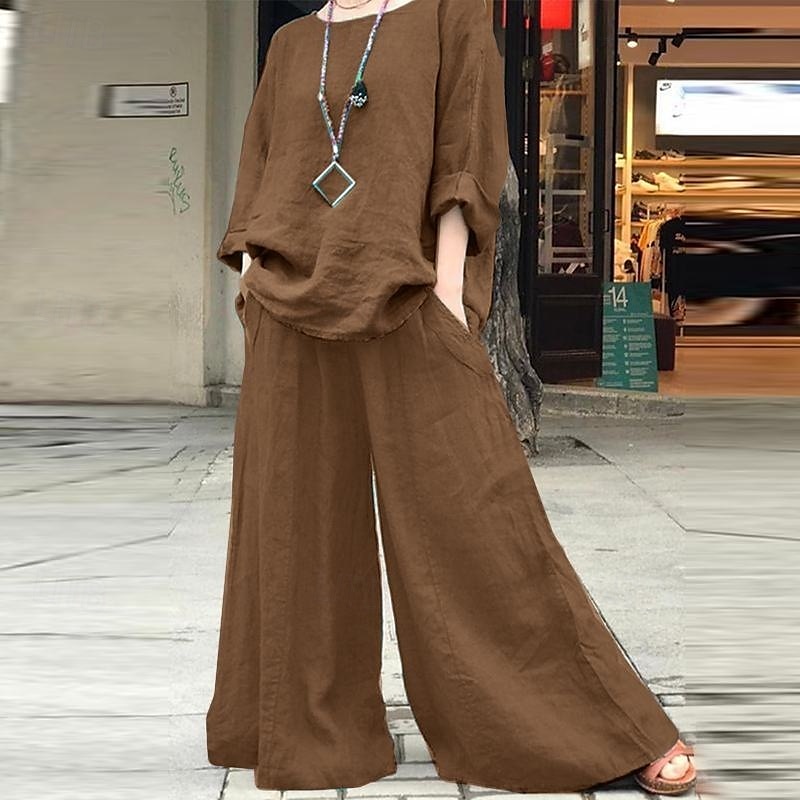 Women's Streetwear Daily Cotton Linen Sets Two Piece Sets Pants Sets Long Sleeve Crew Neck Solid Color Daily Wear Casual Daily Green Khaki Gray Summer Regular Fit 2025 - $23.99 –P1