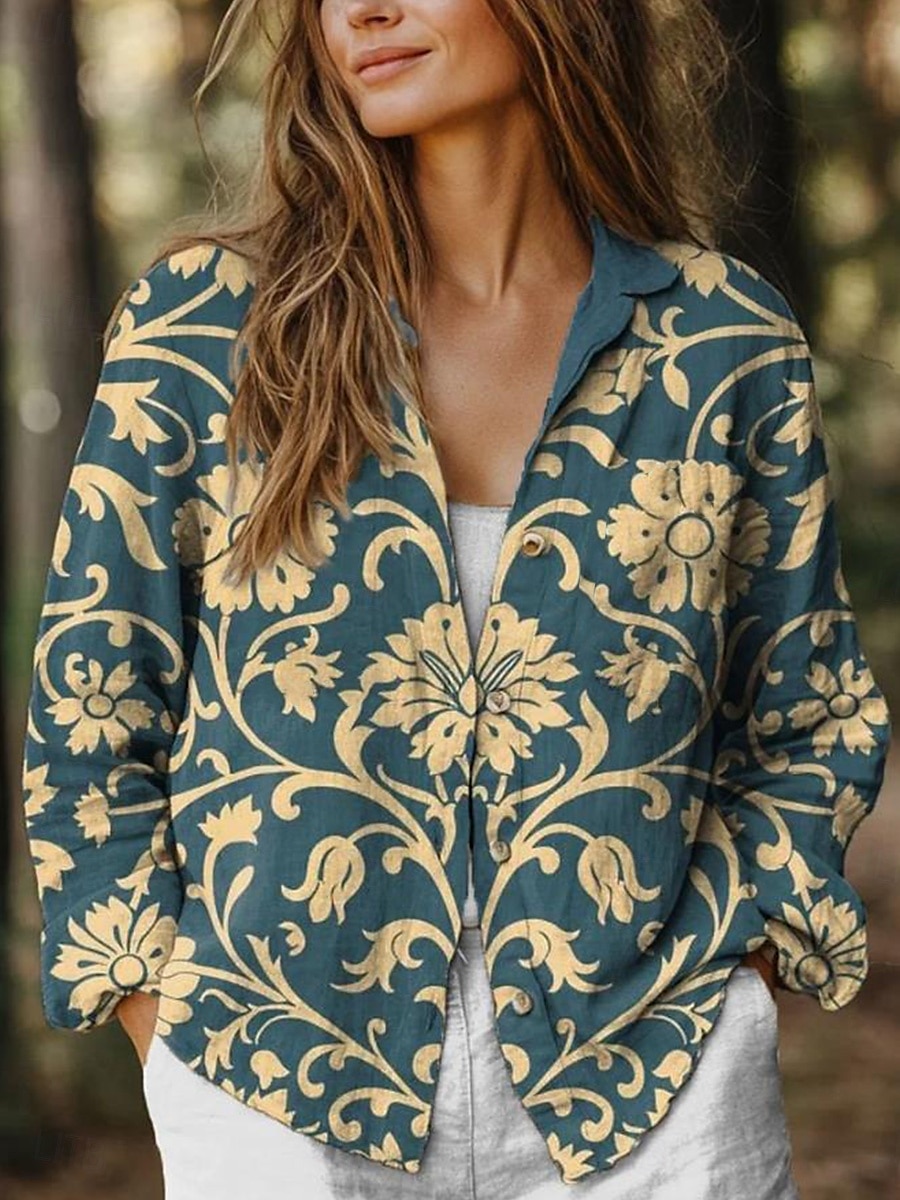 Camicia da donna a maniche lunghe con bottoni camicetta floreale grafica elegante casual simile al lino colletto regolare top quotidiano festivo uscita bottoni verde chiaro verde khaki estate del 2025 a $32.99 –P2