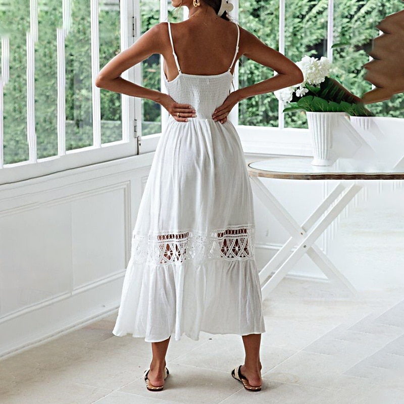 Women's Midi Dress Cotton Linen Dress Slip Dress Boho Dress Basic Classic Modern Vacation Holiday Going out Regular Fit Plain Sleeveless Spaghetti Strap White Summer 2025 - $26.99 –P11