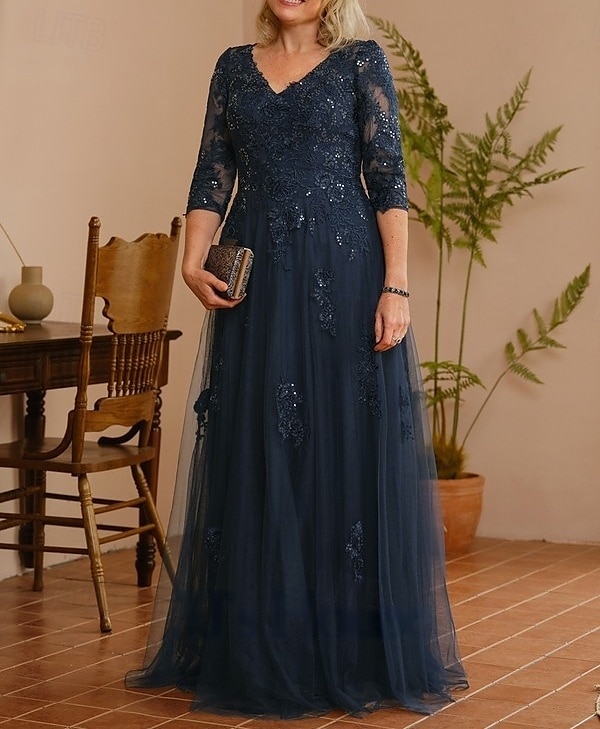 A-Line Mother of the Bride Dress Wedding Guest Elegant V Neck Floor Length Lace Tulle 3/4 Length Sleeve with Beading Appliques 2025 2025 - $180.99 –P1