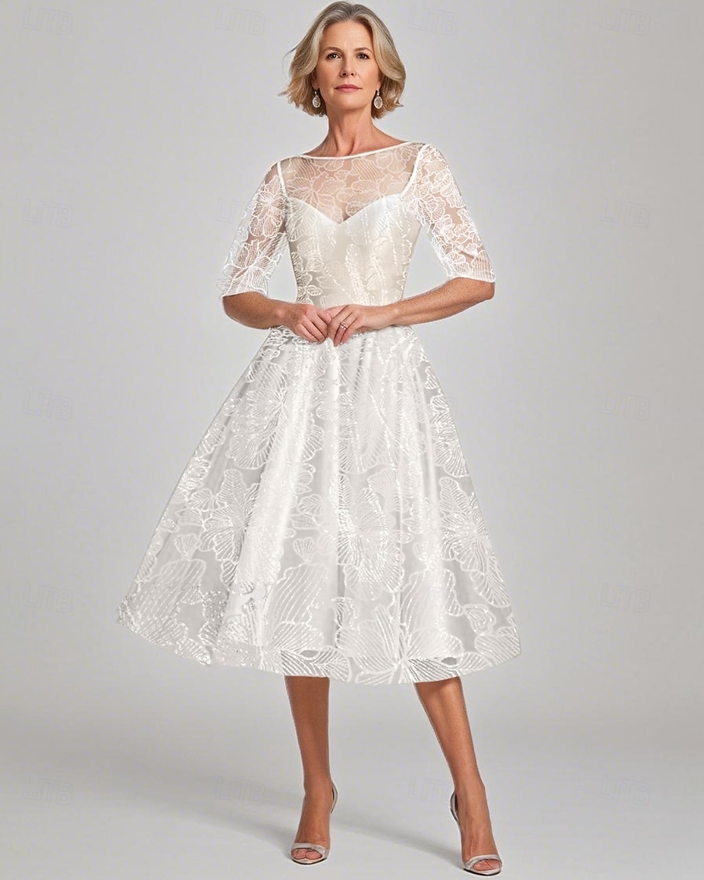 Robe A-Line En Sequins Brodée Bleue Robe de Mère de la Mariée Élégante Vintage Illusion Col Longueur Cheville Dentelle Manches Mi-longues de 2025 ? $173.99 –P3