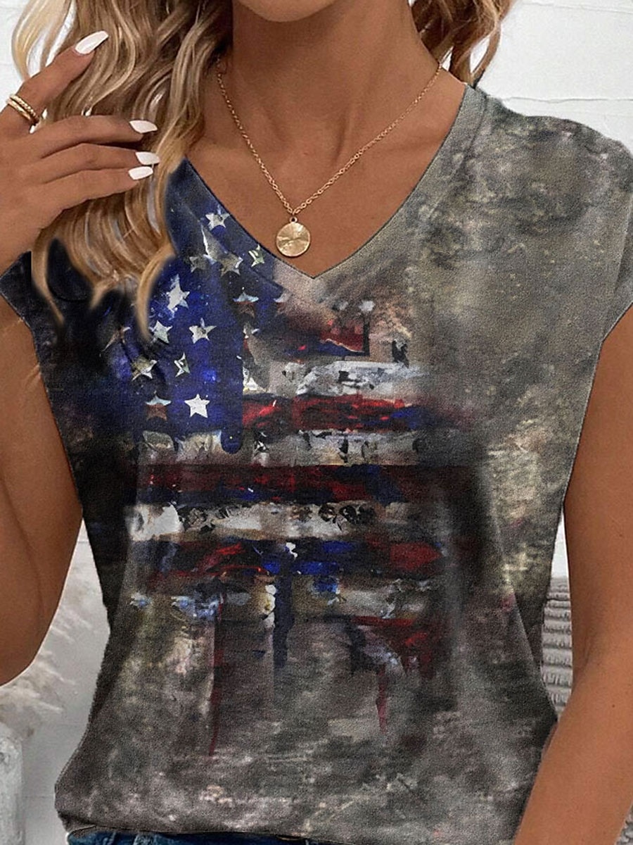Kvinnors patriotiska linne topp grafisk flagga stilig avslappnad ärmlös V-hals vanlig topp dagligt tryck grå sommar 2025 - $17.99 –P3