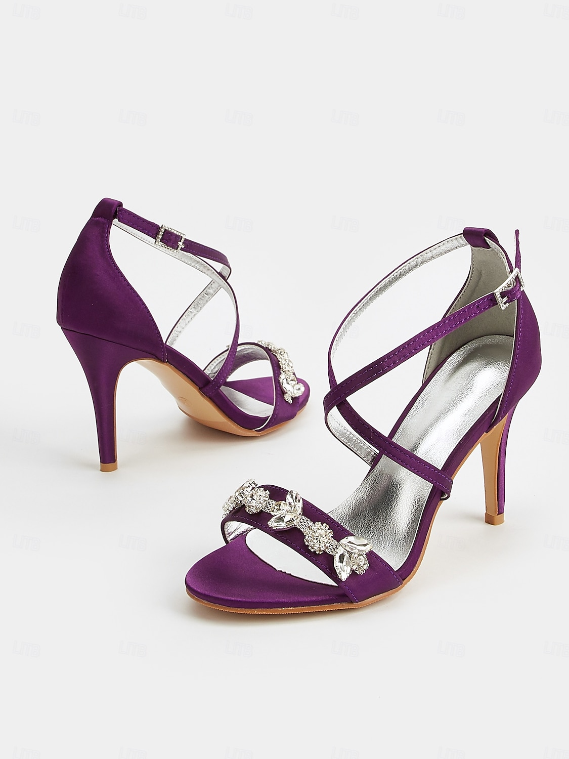 Escarpins à talons aiguilles en satin violet pour femme avec brides en strass – sandales élégantes pour cocktail de 2025 ? $46.99 –P3