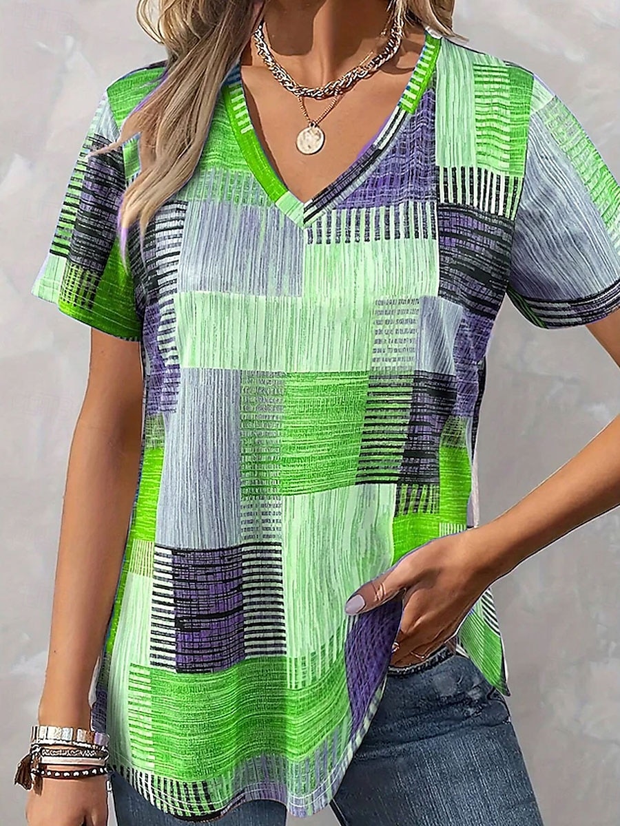 Women's Blouse Graphic Geometric Casual Short Sleeve V Neck Regular Tops Daily Print Blue Purple Orange Green Summer Spring 2025 - $19.99 –P6