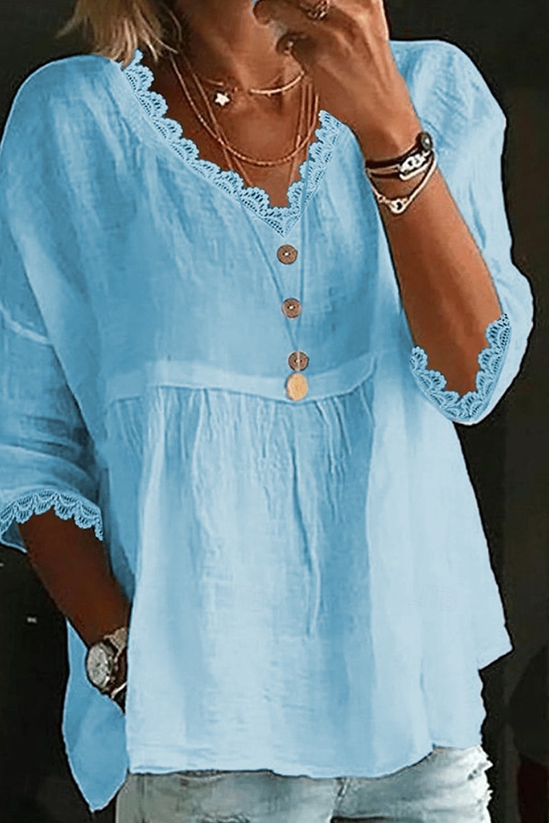 Mujer Camisa Camisas de algodón y lino Blusa Plano Básico Moderno Casual Manga 3/4 Escote en Pico Tops regulares Diario Festivos Noche Frunce Blanco Rosa Azul claro Verano 2025 - $22.99 –P4