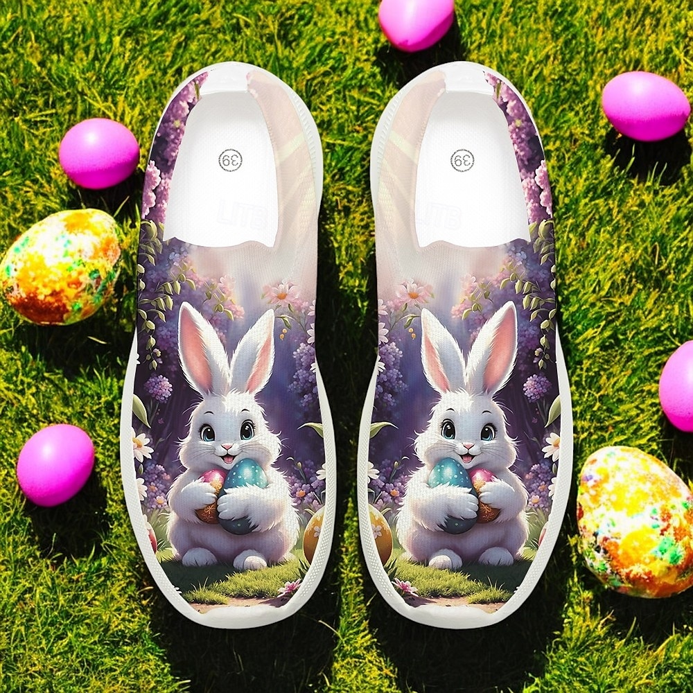 trampki typu slip-on z nadrukiem wielkanocnego króliczka – lekkie, oddychające buty do chodzenia dla kobiet, urocze obuwie na święta 2025 - $29.99 –P3