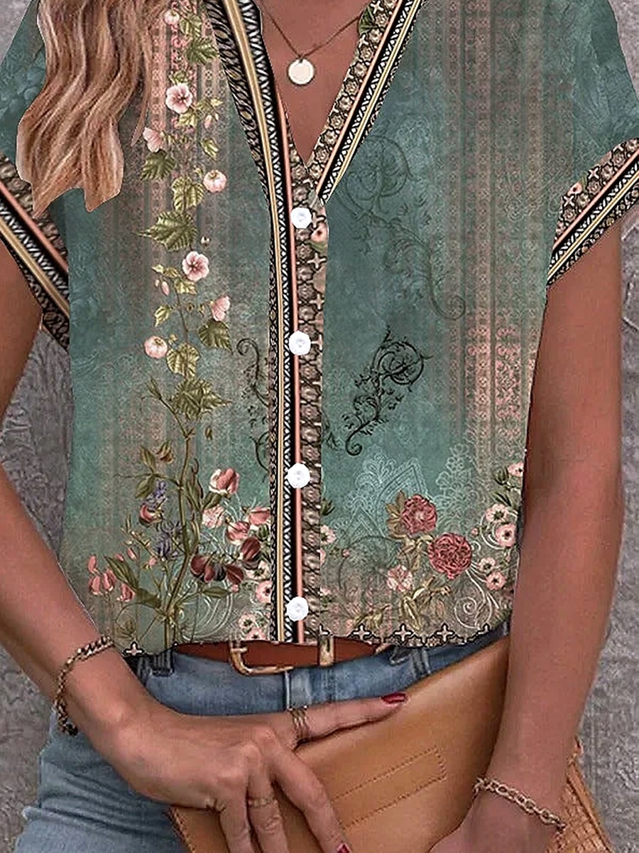 Damen Bluse Blumen Grafik Vintage Stilvoll Ethnisch Kurzarm Einkerbiger Ausschnitt Normale Oberteile Täglich Knöpfe Druck Salbeigrün Sommer Frühling 2025 - $29.99 –P3