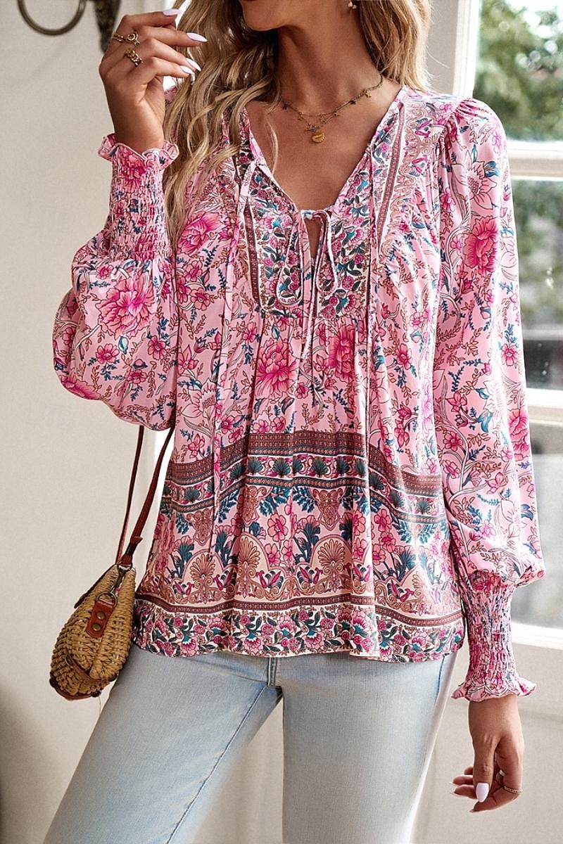 Dame Skjorte Bluse Blomsternål i krystall Daglig Stilfull Fritid Langermet V-hals Vanlige topper Daglig Ferie Trykt mønster Rosa Navyblå Blå Aprikos Vår 2025 - $29.99 –P8