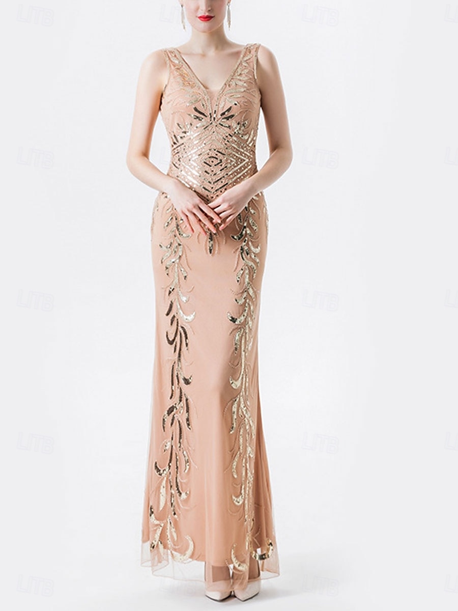 Kleid Brautmutterkleid Elegant Party V Ausschnitt Bodenlang Polyester Ärmellos mit Paillette 2025 2025 - $79.99 –P2