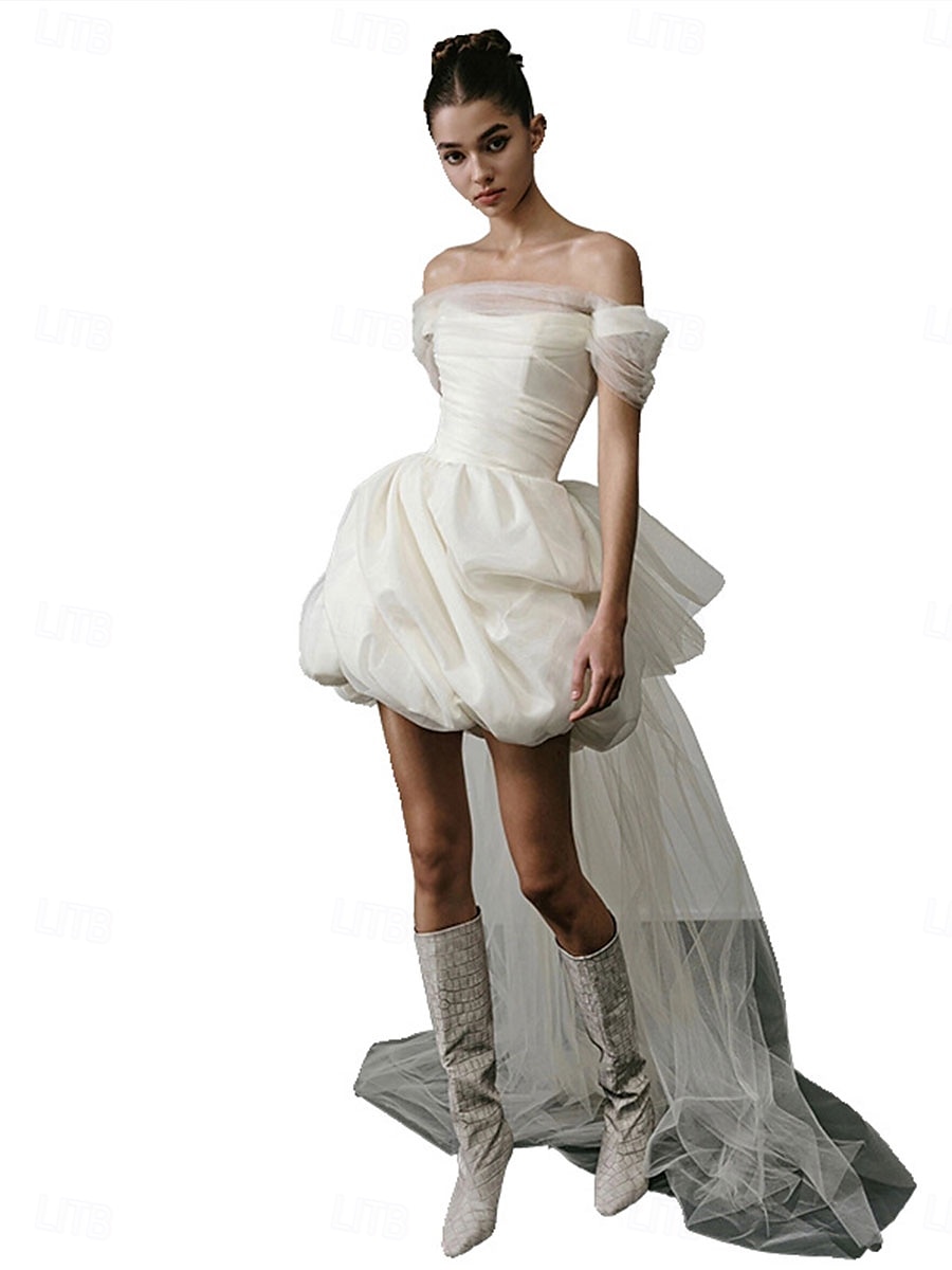 Bruidsjurken Bubbeltrojken Mini Baljurk Off Shoulder Mouwloos Asymmetrisch Tulle Bruidsjurken Met Plooien Effen Kleur 2025 - $94.99 –P5
