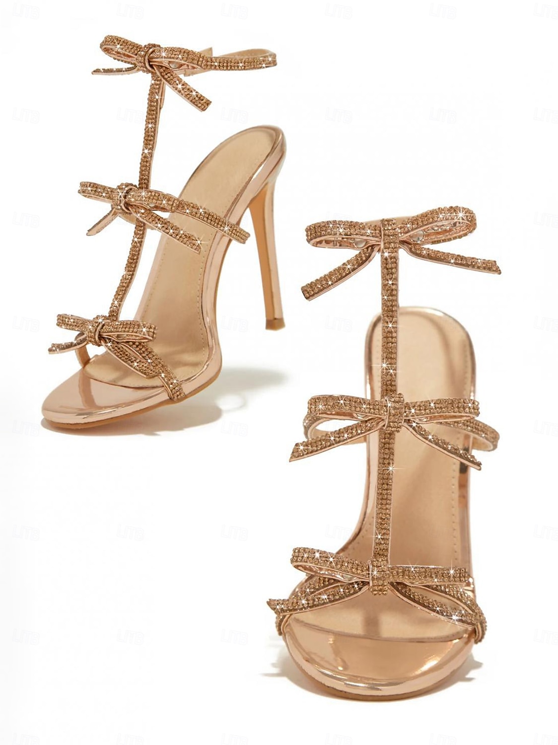 Gouden stiletto sandalen met bandjes - glinsterende hoge hakken met strikknoop voor een elegante avond en gala 2026 - $54.99 –P1