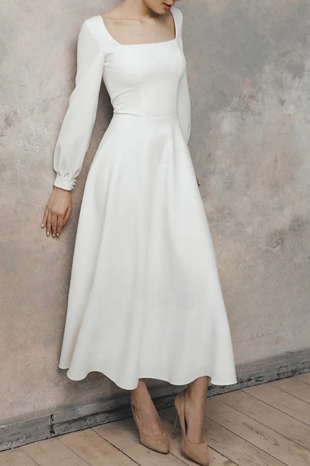 Fidanzamento Piccoli Abiti Bianchi Abiti da sposa Linea ad A Scollo Tondo Manica Lunga Lunghezza Tè Tessuto Elasticizzato Abiti da sposa Con Tinta unita 2025 del 2025 a $146.99 –P1