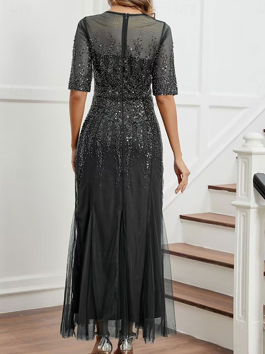 Dress Mother of the Bride Dress Elegant Party Black Dress Crew Neck Floor Length Polyester Half Sleeve with Sequin 2025 2025 - $129.99 –P2