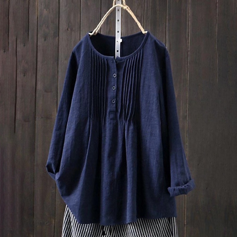 Women's Blouse Faux Cotton Linen Ruched Buttons Plain Modern Casual Long Sleeve Crew Neck Regular Tops Daily Going out White Yellow Pink Navy Blue Summer 2026 - $6.49 –P8