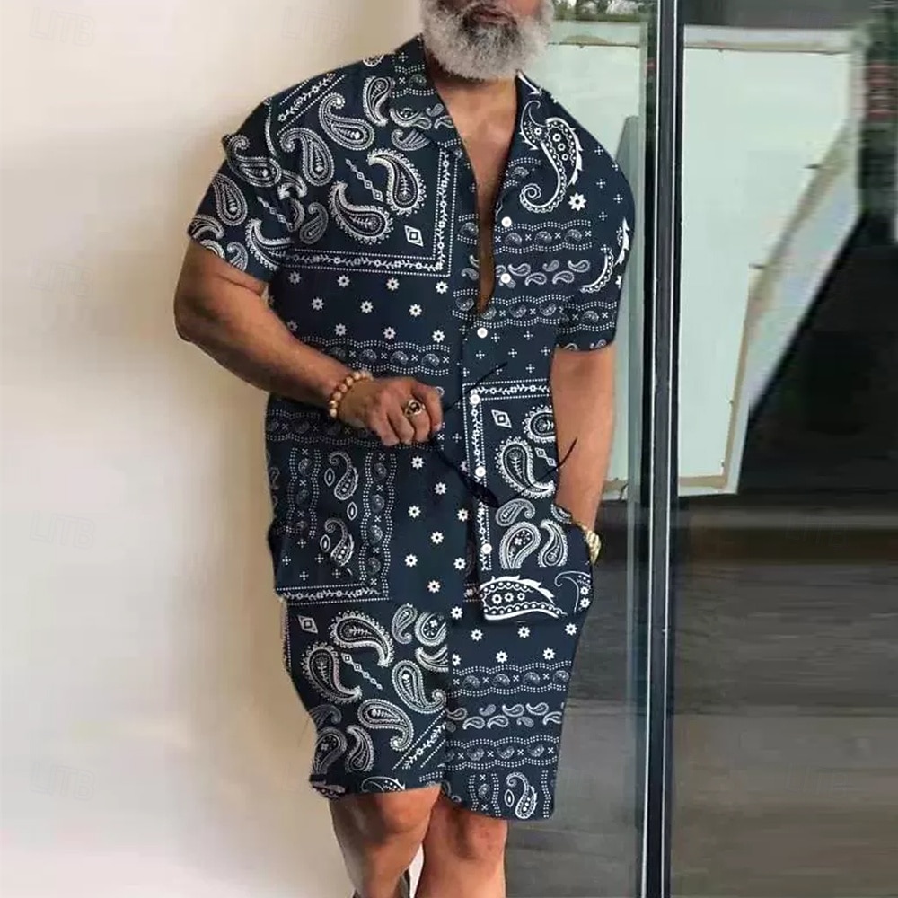2025年 男性用 グラフィック 2個 シャツセット 夏のトップス 半袖 ショートパンツ キューバンカラー エスニック パーティー カジュアル 日常 3Dプリント 夏 ダークブルー  コレクション – €31.99 –P1