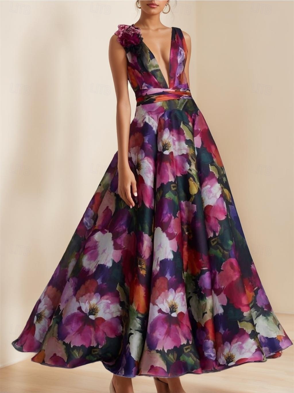 Robe de soirée A-Line élégante robe formelle invitée de mariage longueur sol sans manches décolleté en V en organza avec imprimé floral fleur d'épaule robe invitée de mariage de 2025 ? $218.99 –P1