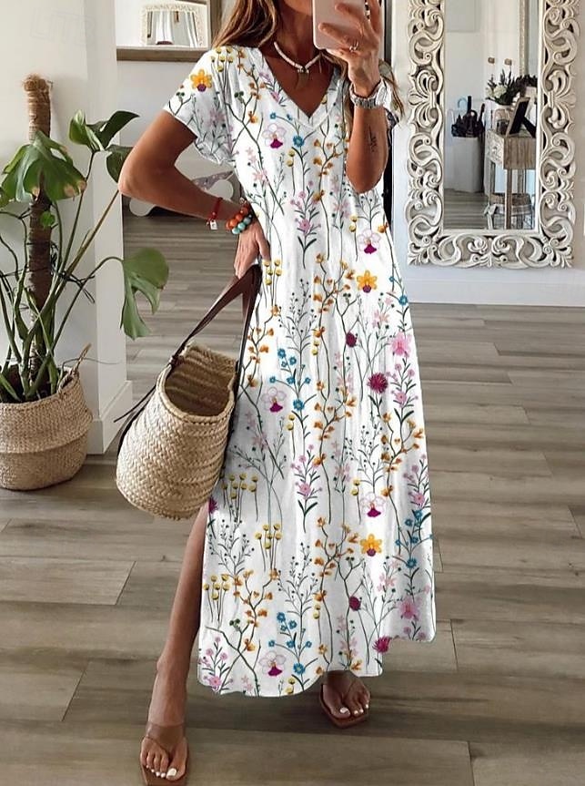 Damskie Sukienka maxi Codzienne sukienki Sukienka letnia Sukienka A line Letnie sukienki Bohema Urlop Zabytkowe Urlop Codzienny Regularny Kwiaty Graficzny Krótki rękaw W serek Biały Niebieski Zielony 2025 - $28.99 –P1