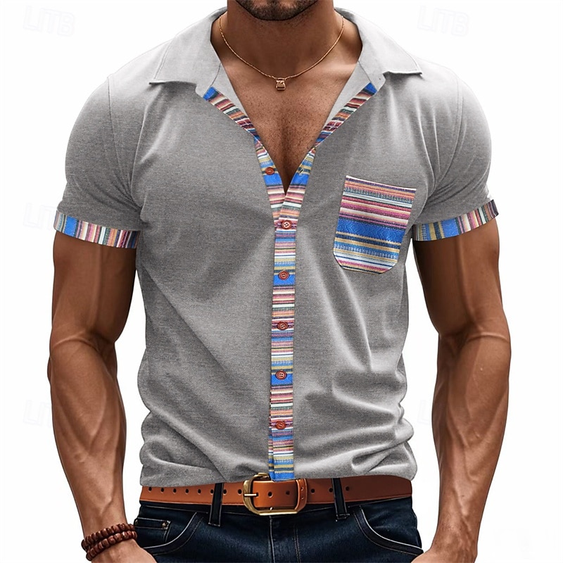 Per uomo Camicia Camicia Estiva Camicia casual Camicia da Spiaggia Camicia con Bottoni Nero Bianco Kaki Grigio chiaro Grigio scuro Manica Corta A righe Bavero Vacanza Camicia hawaiana Tasca del 2025 a $24.99 –P11