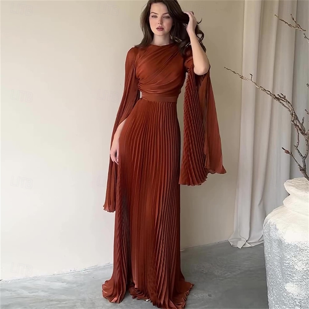 A-Linjet Quinceanera Kjoler Elegant Kjole Formell Bryllup Gulvlengde Lange Ermer Høy Hals Polyester med Folder 2025 - $79.99 –P7