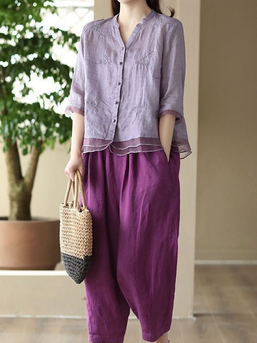 Women's Shirt Solid Color Basic Casual 3/4 Length Sleeve Shirt Collar Regular Tops Daily Mesh Patchwork Buttons White Yellow Pink Purple Summer 2025 - $22.99 –P8