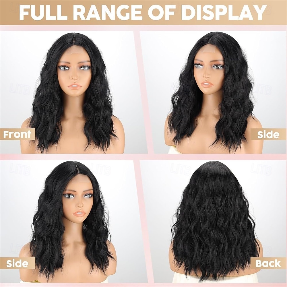 18 inch korte golvende zwarte pruik voor vrouwen, middellange zwarte bob, synthetische hittebestendige, natuurlijke en realistische zwarte haarpruik voor dagelijks kapsel, cosplay, feestgebruik 2026 - $25.99 –P4
