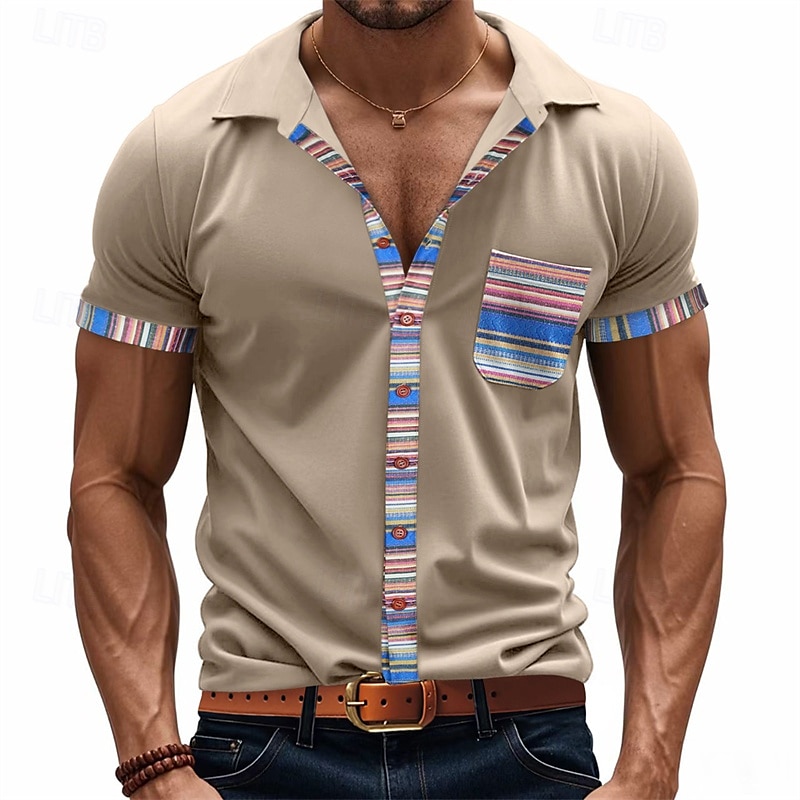Per uomo Camicia Camicia Estiva Camicia casual Camicia da Spiaggia Camicia con Bottoni Nero Bianco Kaki Grigio chiaro Grigio scuro Manica Corta A righe Bavero Vacanza Camicia hawaiana Tasca del 2025 a $24.99 –P5