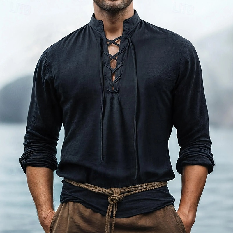 Per uomo Camicia Camicia di lino Stile vichingo Camicia Estiva Abbigliamento da spiaggia Camicia pirata Tinta unica Vacanza Streetwear Nero Blu marino Cachi Manica Lunga Collo alla coreana Estate del 2025 a $21.99 –P6