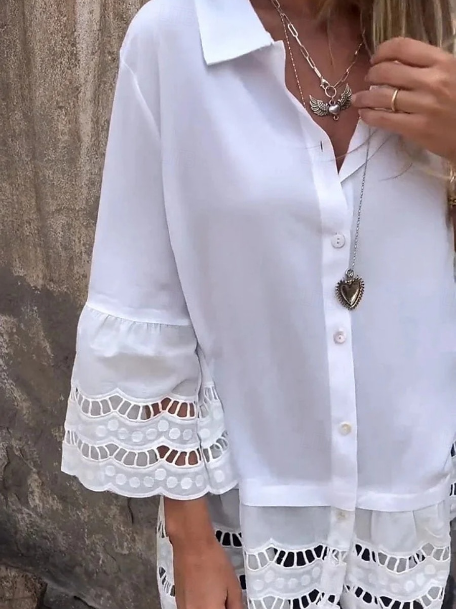 Dames Overhemd Effen Kleur Stijlvol Casual Lange mouw Overhemdkraag Normale tops Dagelijks Kant Lapwerk Knop Wit Zomer 2025 - $23.99 –P2