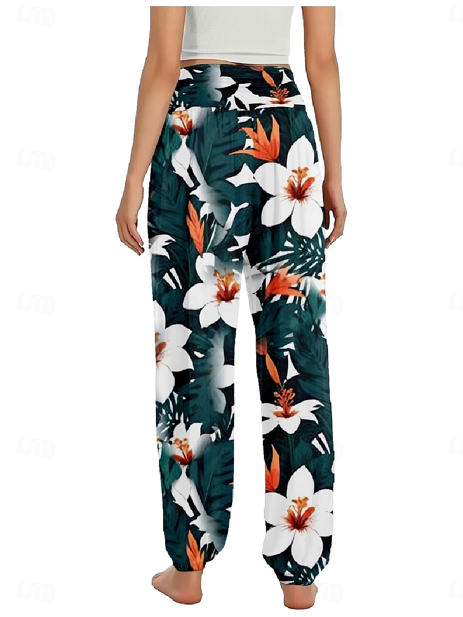 Dam Linneinspirerade byxor Brett skaft Byxor Etnisk Stil Ledigt Boho Fullängd Hög midja Blommig Löv Tropisk Ficka Elastisk midja Tryck Mateial som andas Mjuk Microelastisk Utomhus Yoga Svart Rosa 2025 - $21.99 –P5