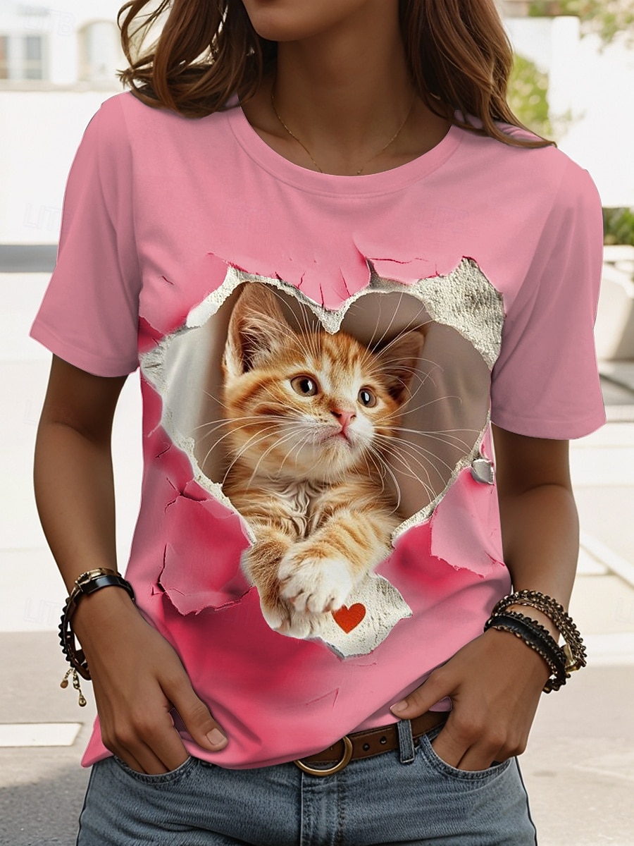 Dame T skjorte Grafisk Katt Stilfull Klassisk Fritid Kortermet Crew-hals Vanlige topper Daglig Helg Trykt mønster Hvit Rosa Blå Sommer Vår 2025 - $19.99 –P1