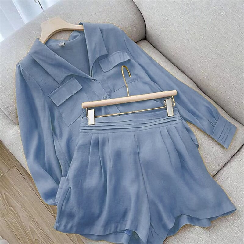 Femmes Mode Streetwear Ensembles en coton et lin Ensembles deux pièces Ensembles de Shorts manche longue Col de chemise Uni Tenue quotidienne Date Bleu Violet Vert Été Coupe régulière de 2025 ? $36.99 –P2