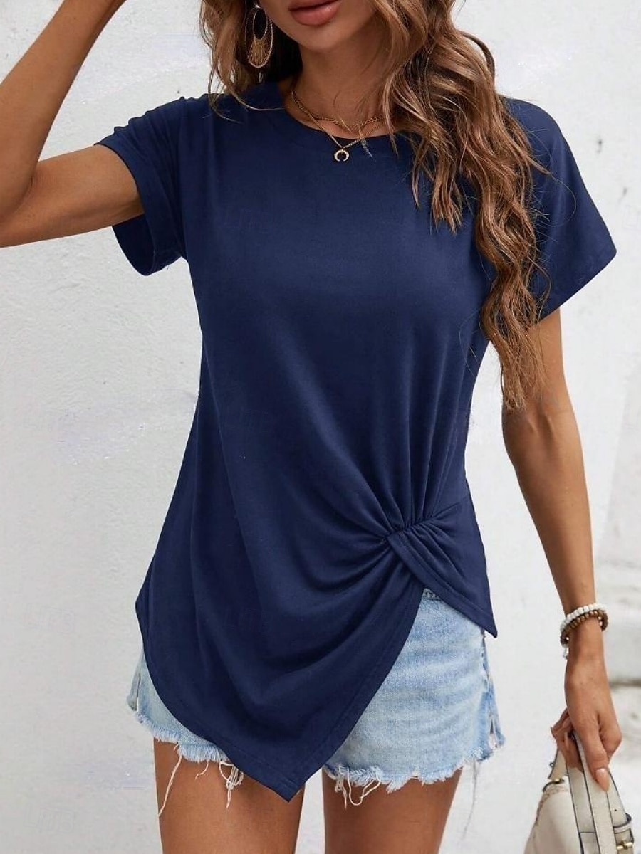 T-shirt femme de couleur unie Uni Mode Classique Décontracté Manches courtes Col rond Hauts réguliers Quotidien Week-end Asymétrique Noir Blanc Vert armée Bleu marine Été de 2025 ? $14.99 –P22