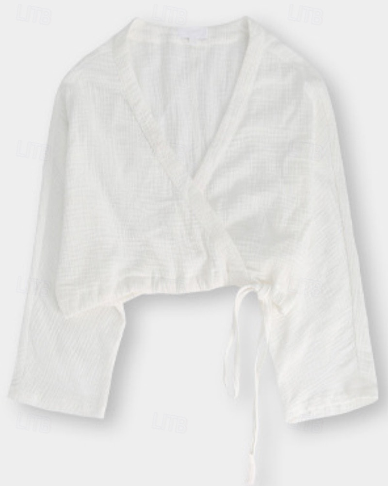 Dame Linskjorte Bluse عادي Fritid Langermet V-hals Crop Tops Daglig Ut på byen knyte foran Hvit Gul Brun Sommer 2025 - $36.99 –P16