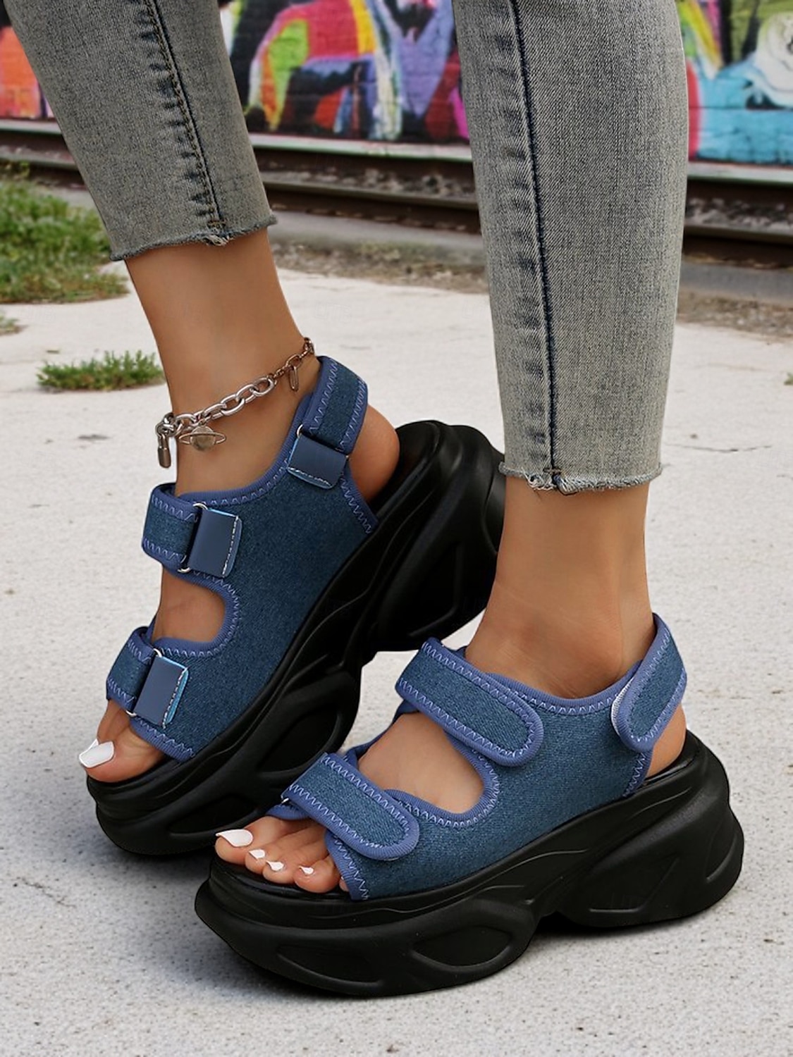 damskie sandały na grubej platformie z denimu – sportowe buty na koturnie z paskiem na rzep na festiwale i miejski styl uliczny 2025 - $29.99 –P6