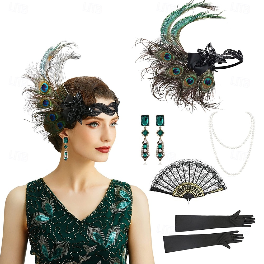 1920-as évek A nagy Gatsby Flapper fejpánt Gyöngyös karkötő Fülbevaló A nagy Gatsby Toll Retro Csillogó glitter Kristály / Strassz Női Farsang Valentin nap Álarcos mulatság Party estélyi viselet 2025 - $25.99 –P2