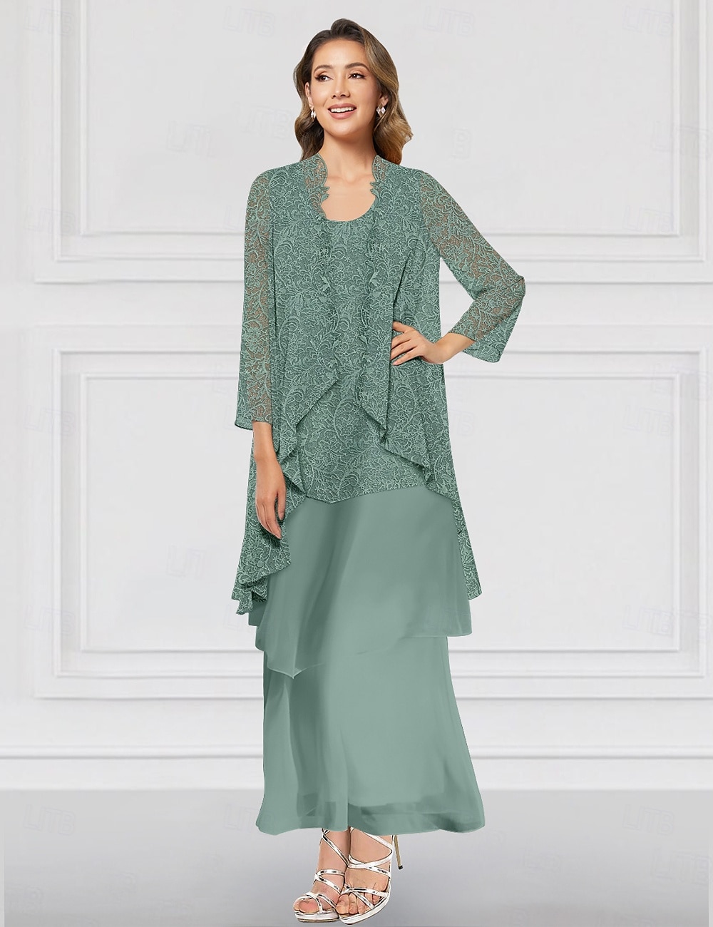 Ensemble de robes A-Linie deux pièces vert bleu rose mère de la mariée élégante col ras du cou longueur cheville en chiffon à manches longues avec veste en dentelle volants niveau de 2025 ? $158.99 –P1
